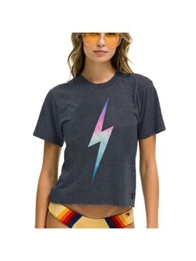 Aviator Nation Cropped Graphic Tee Bolt Rainbow Pink Black Large